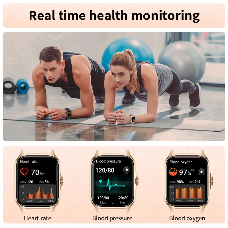 LIGE 1.85 นิ้วหน้าจอHDผู้หญิงSmartwatchผู้ชายกีฬาฟิตเนสIP67 กันน้ําบลูทูธนาฬิกาสุขภาพสมาร์ทนาฬิกา 2024