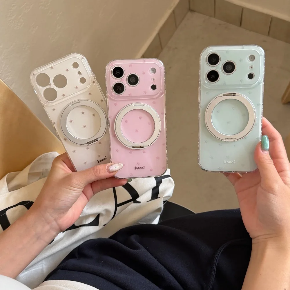 

Cute Tiny Star Print Magnetic Phone Case for IPhone 18 17 16 15 14 13Pro Max Rotatable Metal Ring Stand MagSafe Shockproof Cover