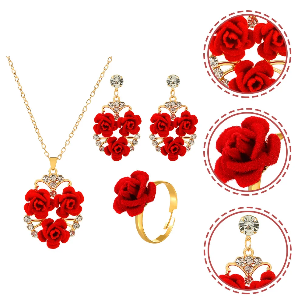

1Set Rose Flower Jewelry Set for Women Red Necklace Earrings Ring Combo Elegant Alloy Statement Piece Ideal Birthday Gift