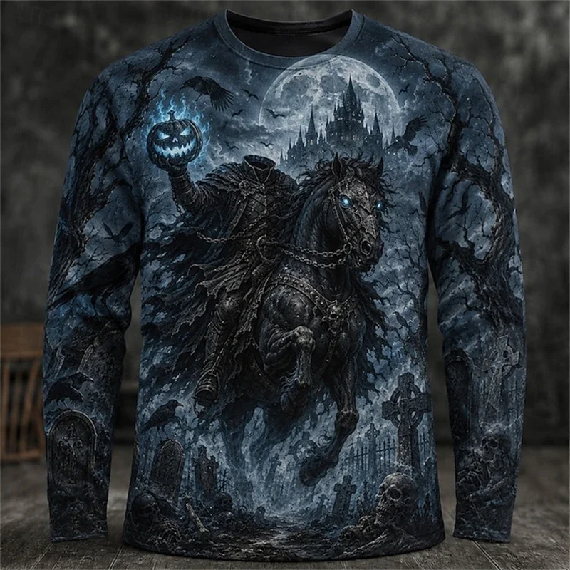 2026 Neues Herren-Halloween-Themen-Langarm-T-Shirt mit Rundhalsausschnitt und gruseligem Zauberer-Schädel-Print, Herren-Party-Oberteil für Feiertage – Detail 8