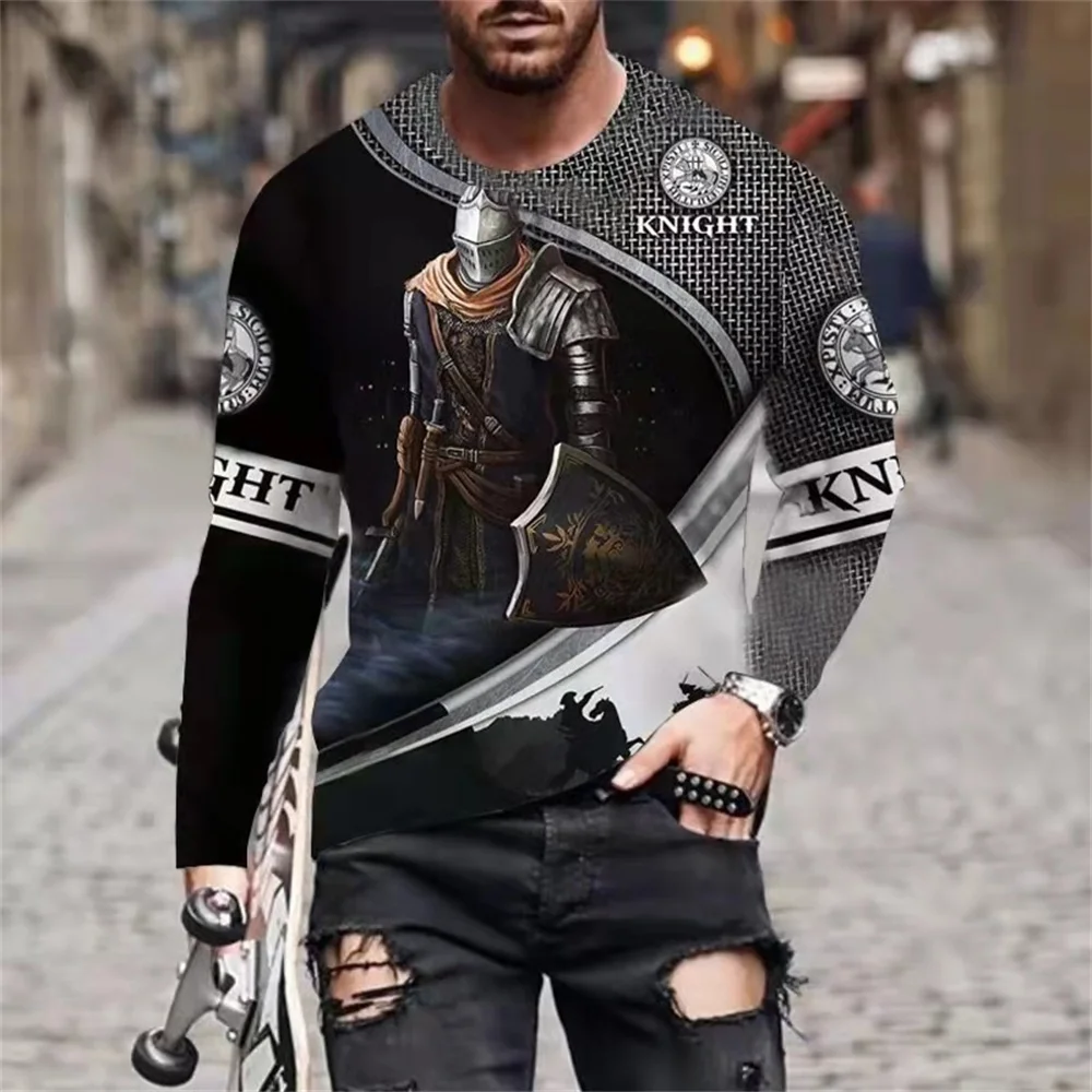 Vintage Men\'s T-shirt Templar Printed Long Sleeve Tops O-neck Men Clothing Oversized Casual Streetwear Autumn Black Tees