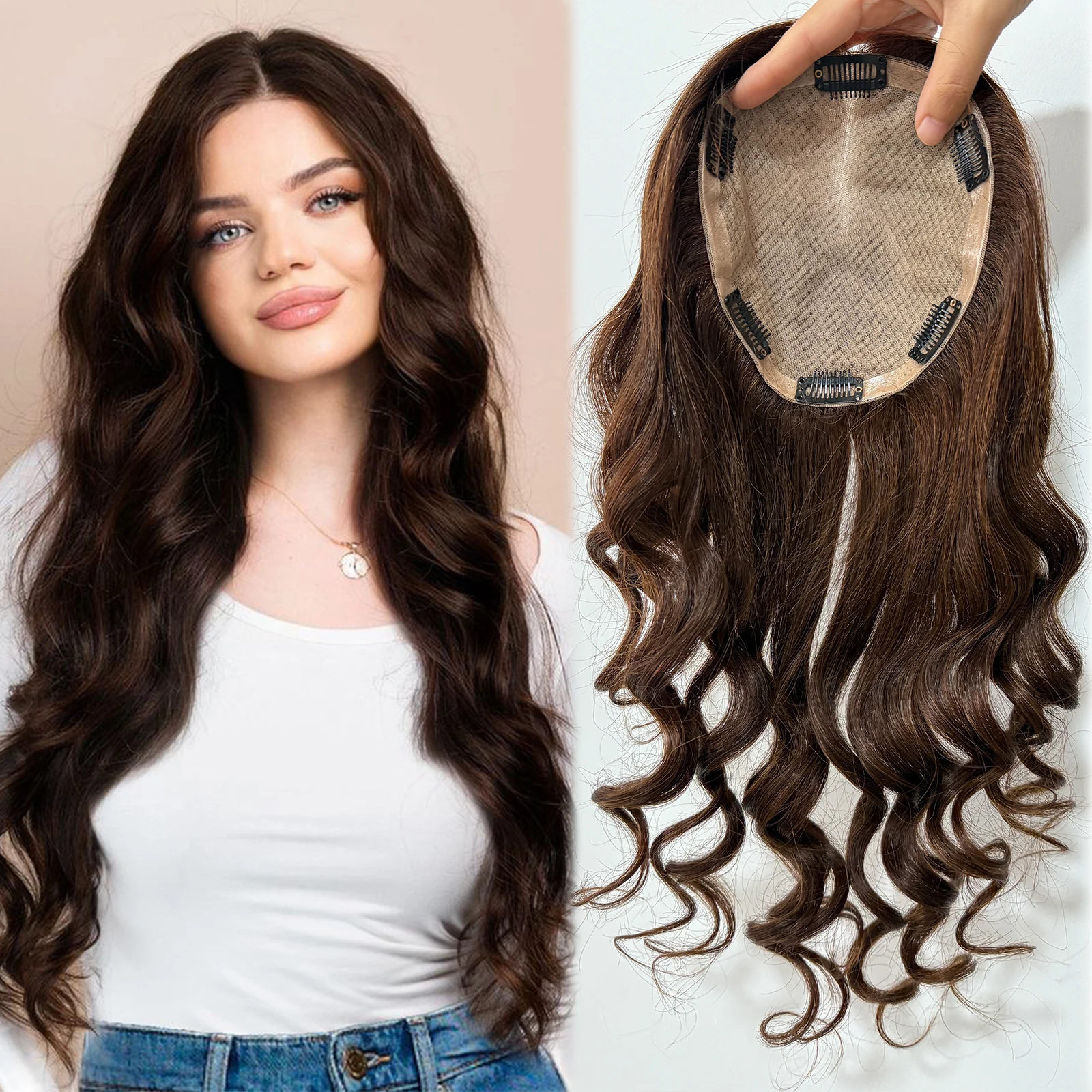 شعر بشري بني متوسط مع مشابك في قطع شعر برازيلية ريمي حقيقية للنساء، قطعة علوية حريرية مموجة فضفاضة خفيفة الوزن