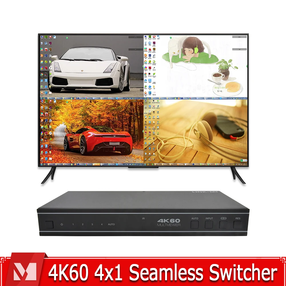 

4K60 4x1 Multiviewer Seamless UHD Video Switcher Support volume control and independ EDID management audio selection