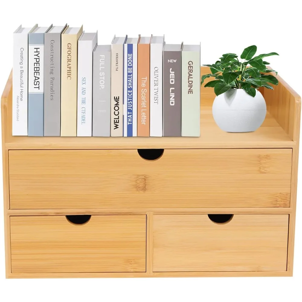 

3 Tier Bamboo Tabletop Storage Box Tabletop Craft Box Cosmetic Storage Drawer with Handle Portable for Paper Clips Bills Pens