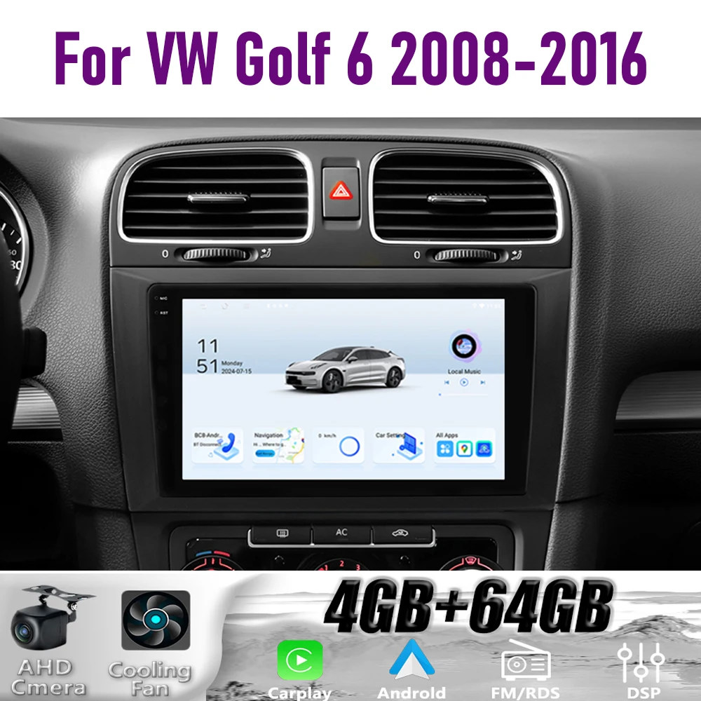 

GPS 9" For VW Golf 6 2008-2016 Wireless CarPlay Android 15 Car Radio WIFI Multimedia Player Head Unit Google Map Camera 4GB+64GB