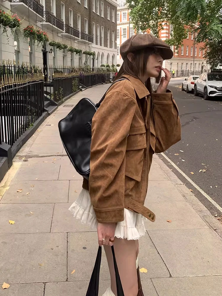 Ele retro sle longo sve jaet feminino chique outono nova faion ket aba pele de veado casaco de veludo sli outerwear