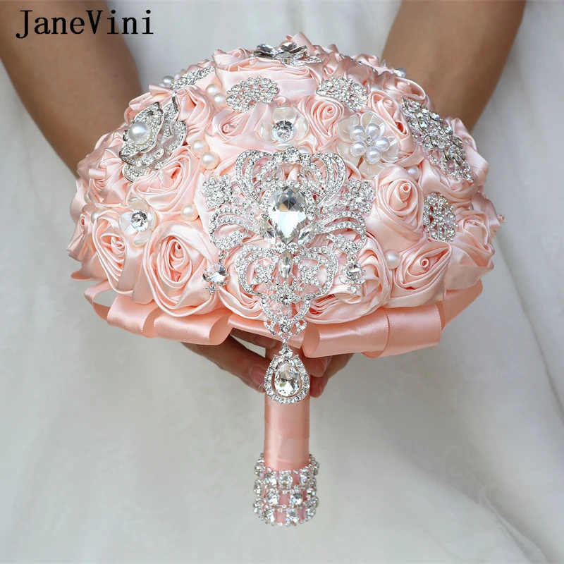 JaneVini Sparkly Silver Rhinestone Jewelry Bride Flower Wedding Bouquets Bridal Crystal Satin Roses Flower Holder Bouquet Blue