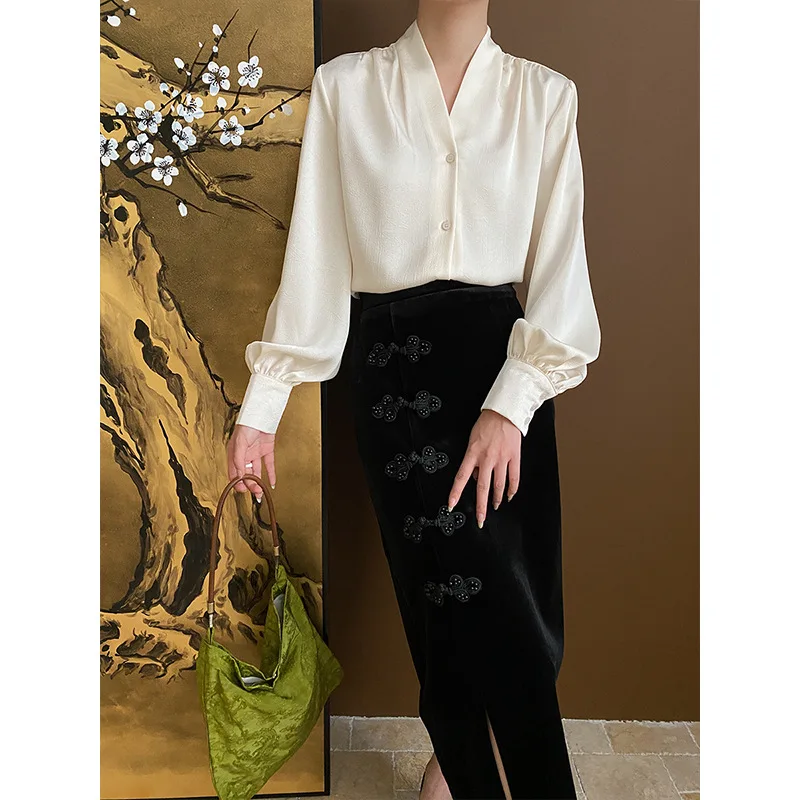 

Marble Pleated Texture Satin Sag Shirt 2024 Early Spring New