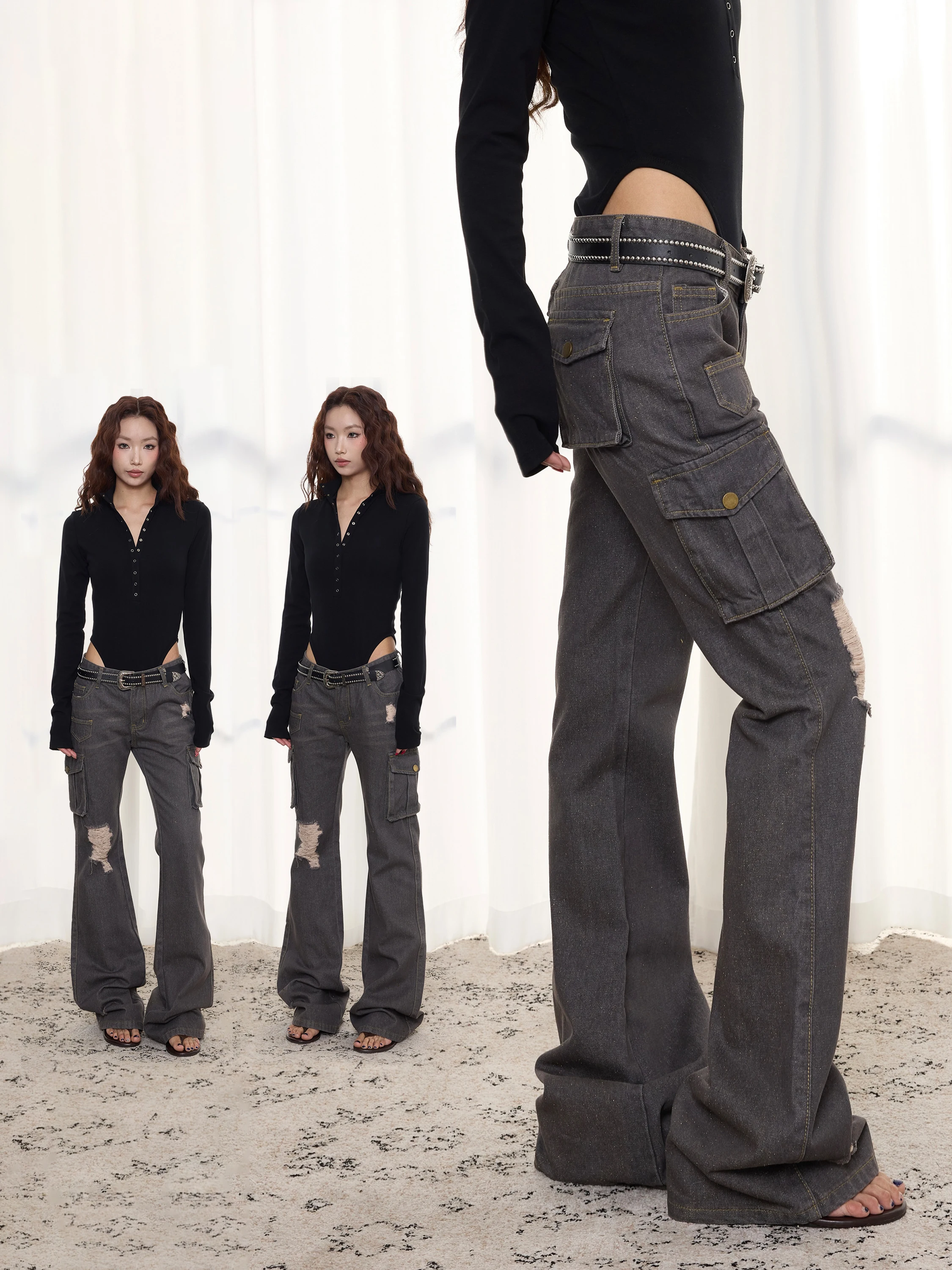 Antsstna American Retro Washed Heavy Duty Hole Jeans Women's Loose Fit Cotton Denim Pants with Multiple Pockets for Teens And...