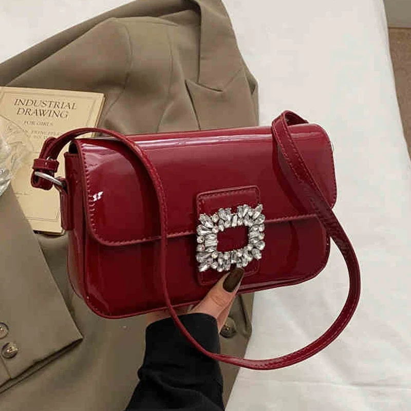 

Luxury Diamond Red Patent Leather Square Bag Summer New Women's One Shoulder Crossbody Bags Elegant Female Wedding Handbags