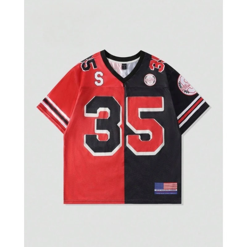 

Футболка-джерси Y2K с разрезом, красно-черная, размер 35, для мужчин и женщин, летняя, дышащая, быстросохнущая, легкая, спортивная, модная уличная одежда