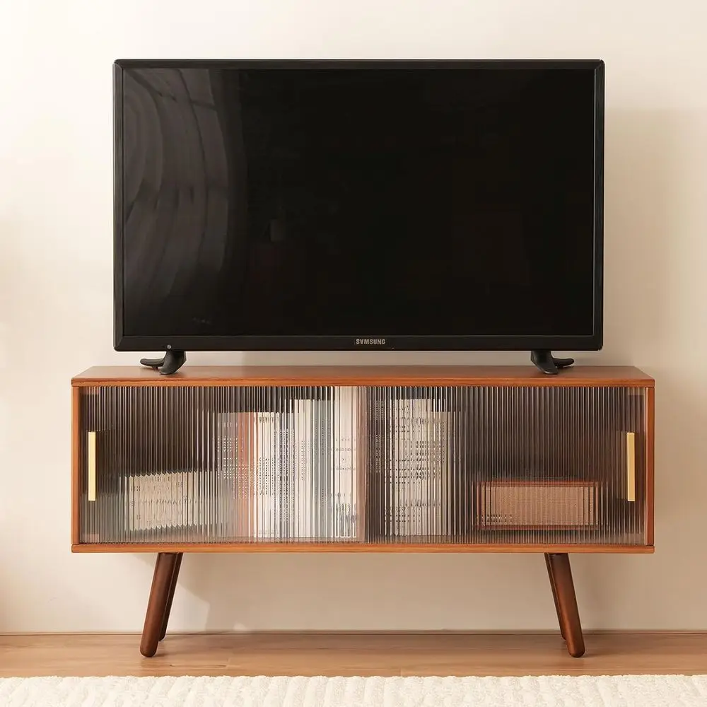 حامل تلفزيون من الخيزران، مركز ترفيهي، حامل تلفزيون حديث لمنتصف القرن لأجهزة التلفاز مقاس 50-55 بوصة، طاولة وحدة تحكم الوسائط باللون البني الريفي، #2