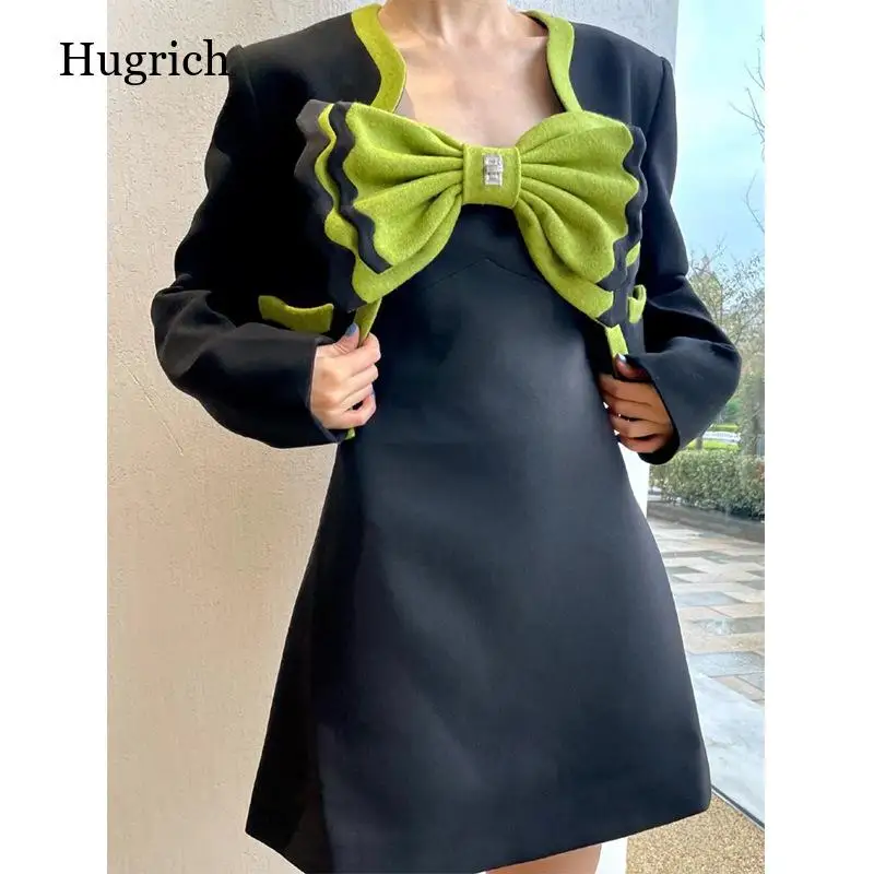 2022 Spring Fashion Women's Green Bow Temperament Sling Skirt and Wavy Blazer Two-Piece Set