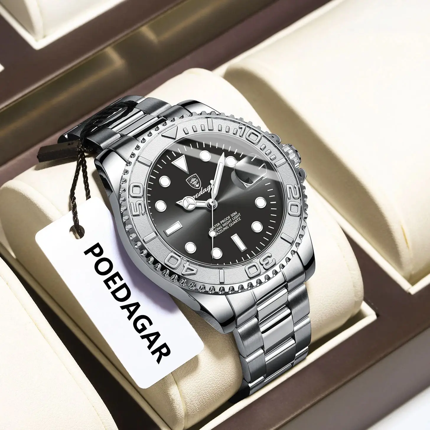 POEDAGAR อินเทรนด์กีฬาผู้ชายนาฬิกาส่องสว่างกันน้ําสแตนเลสวันที่ผู้ชายนาฬิกาข้อมือหรูหราธุรกิจผู้ชายควอตซ์นาฬิกา + กล่อง