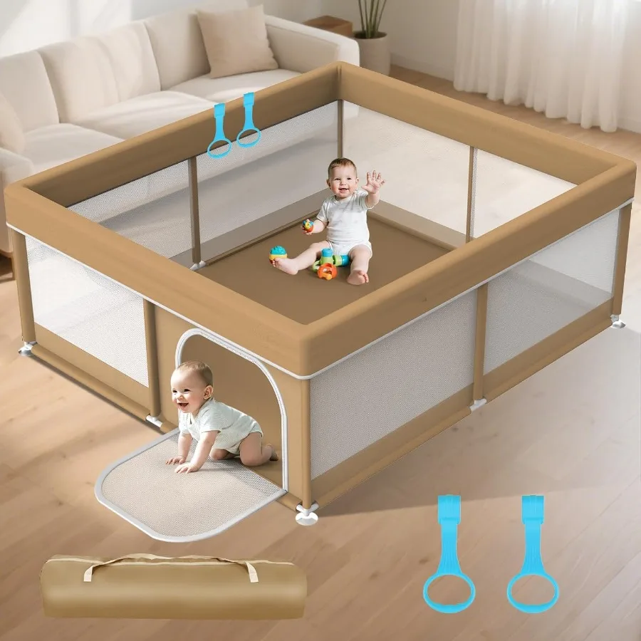بيبي بلاي يارد 79x71 بوصة - روضة أطفال كبيرة للأطفال - روضة أطفال مع شبكة مرئية وباب بسحاب - مع مقبضين وحقيبة تخزين