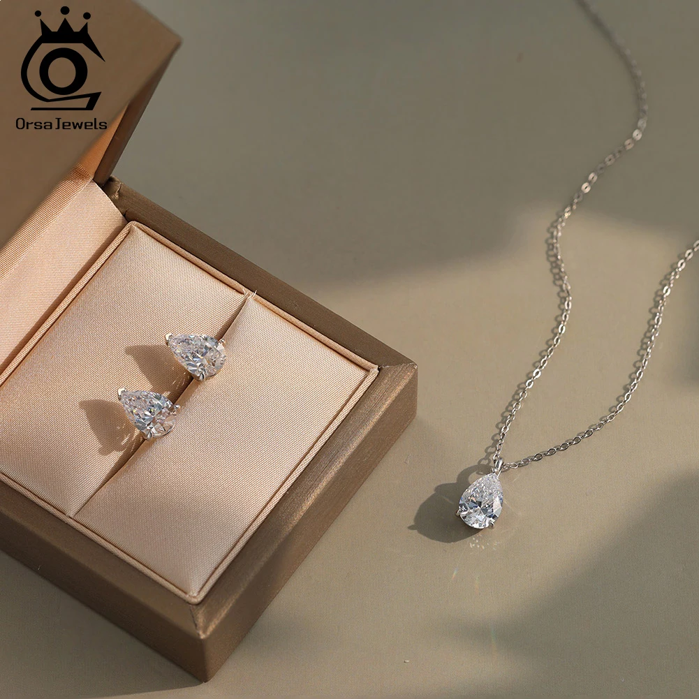 

ORSA JEWELS 925 Silver Water Drop 8A Cubic Zirconia Necklace Earrings Set Jewelry Gift Luxury Shiny Bridal Wedding Jewelry LZE02