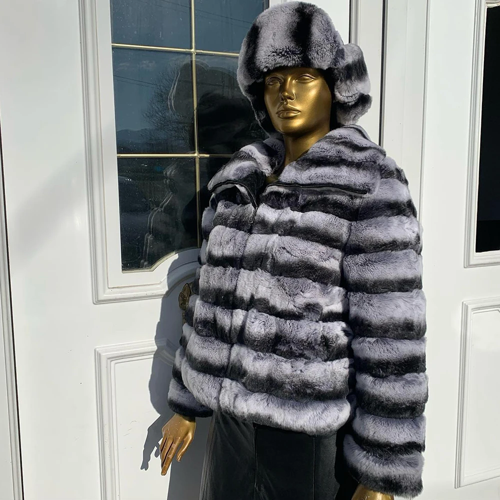 New Womens Real Rex Rabbit Fur Basic Coat Chinchilla Lapel Thick Jacket Winter Fashion Natural Rex Rabbit Fur Warm Outwear