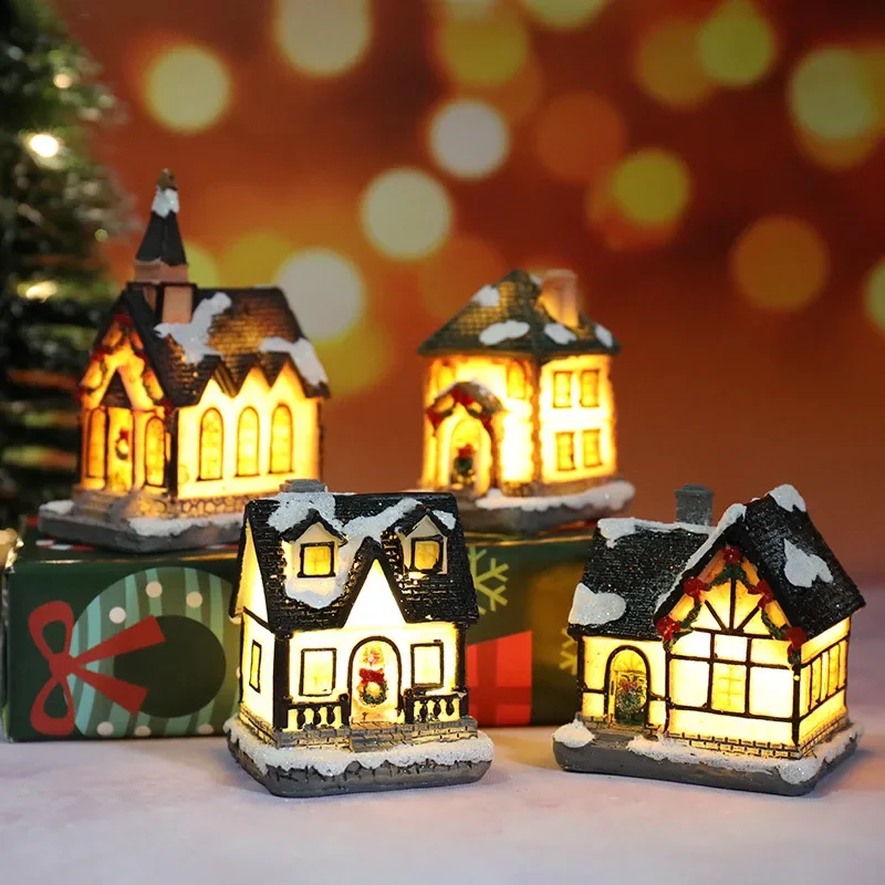 Christmas Decoration House LED Light Xmas Durable Ornaments Small Resin Mini House Miniature Village Building for Home Kids Gift