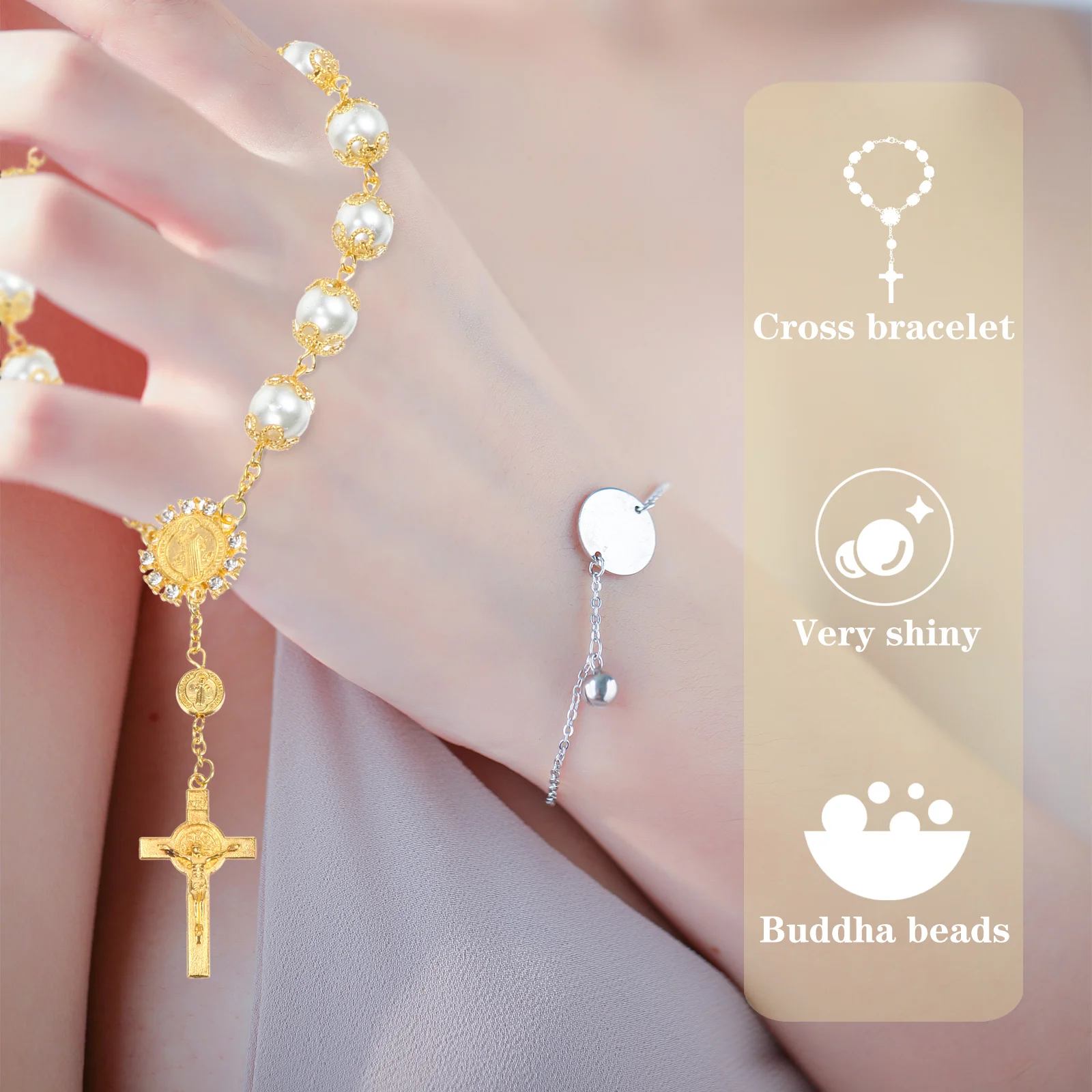 

6Pcs Zinc Alloy Rosary Bracelet Christian Cross Jewelry Retro Wrist Chain Adjustable Size Party Travel Gift for Lovers