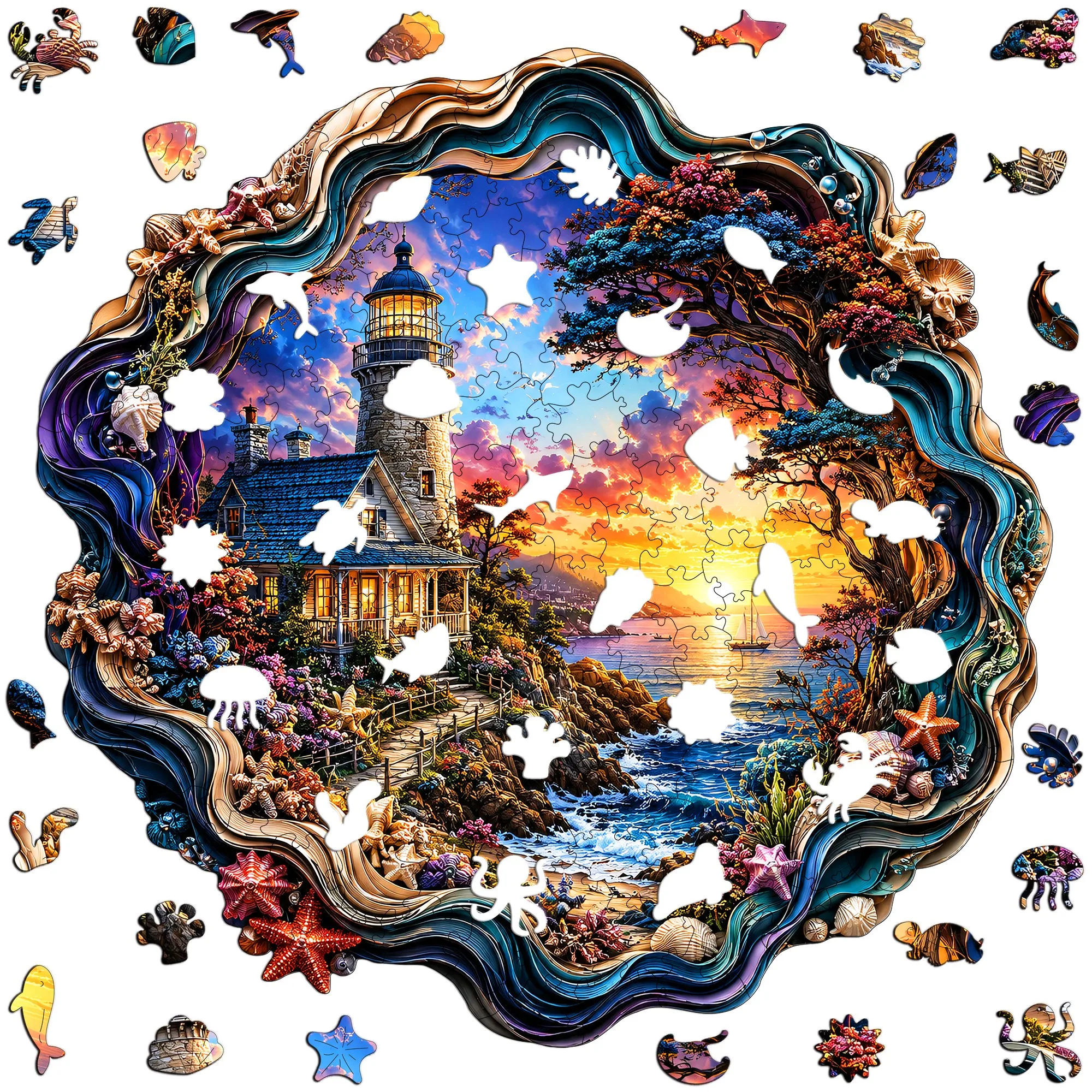 Sea turtle and underwater world Wooden Animal Jigsaw Puzzle Gift Toy Brain Teaser Great Holiday Gift for Family and Friends