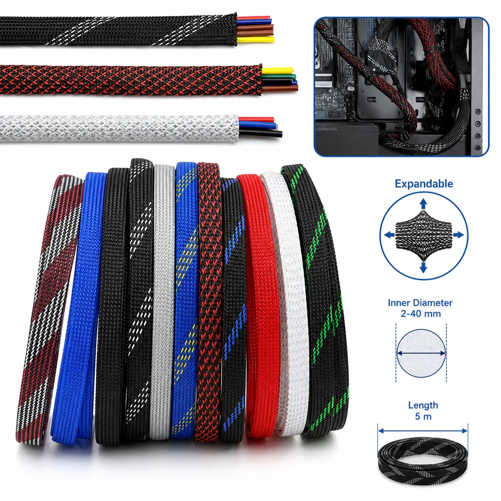 PET Braided Cable Sleeve Insulated Flame Retardant Braided Sleeving Expandable Braided Structure Flexible
