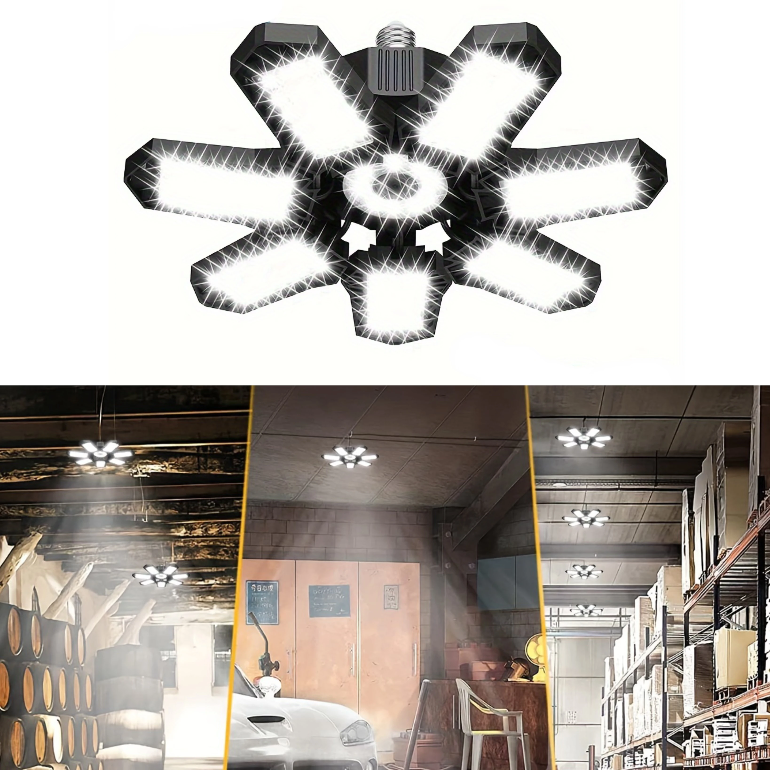 1/2/4pcs Deformable LED Garage Light with 7+1 Adjustable Panels E26/E27 LED Bulb Night Lamp for Warehouse Shop Ceiling Lighting