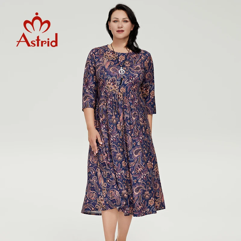 Astrid vestidos femininos para mulher 2022 novo casual oversize solto boho praia flor imprimir uma linha vestido de mangas compridas com colar