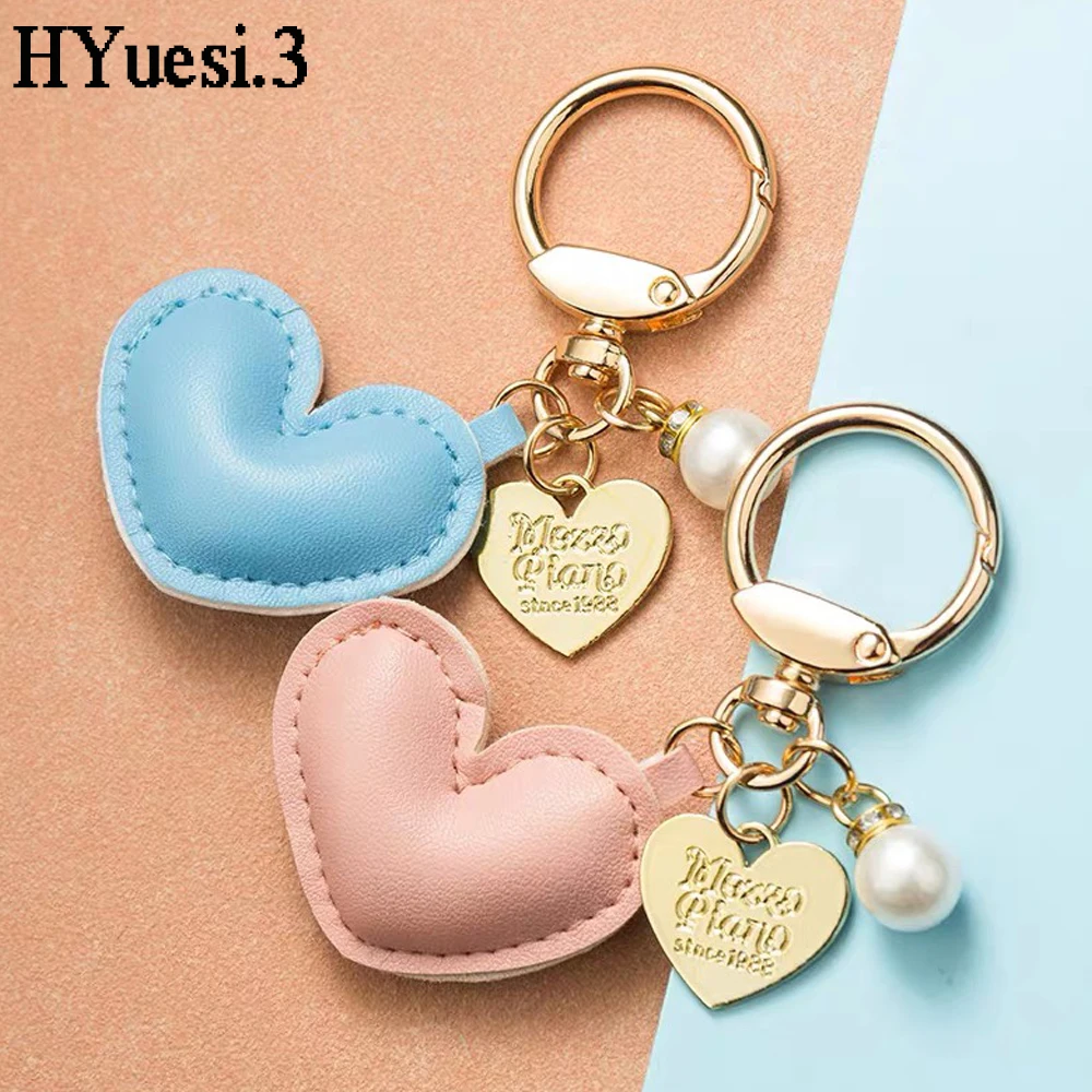 Simple PU Leather Heart Shaped Key Chains Metal Tag Pearl Charms With Key Holder For Women Girls Handbag Airpods Case Decoration