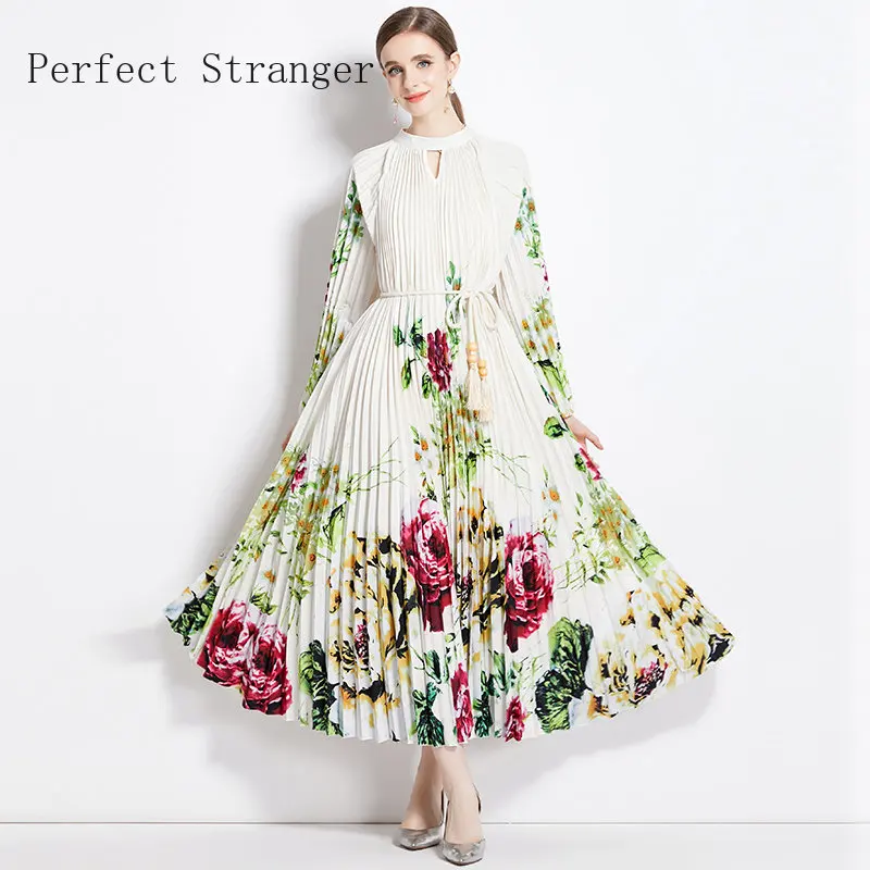 

Miyake новое осеннее плиссированное длинное платье женское с круглым вырезом на шнуровке с поясом и принтом свободное платье макси большого размера с длинными рукавами для вечеринок 2025