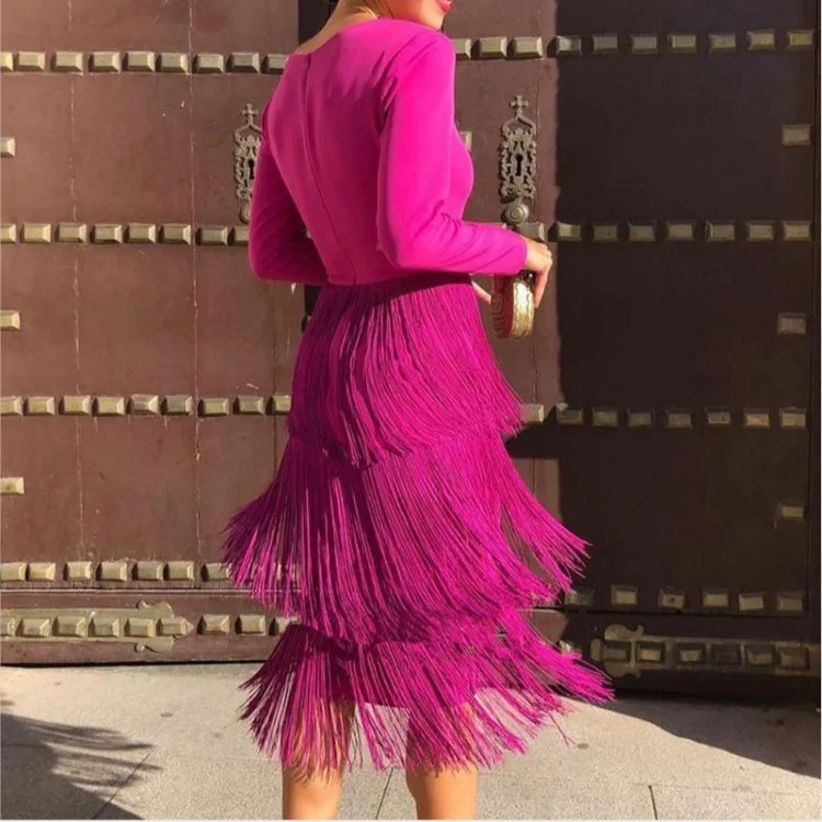 Fuchsia Tassel Dresses For Women Deep V Neck Long Sleeve High Waist Fringe Evening Birthday Wedding Guest Party Gowns Outfits