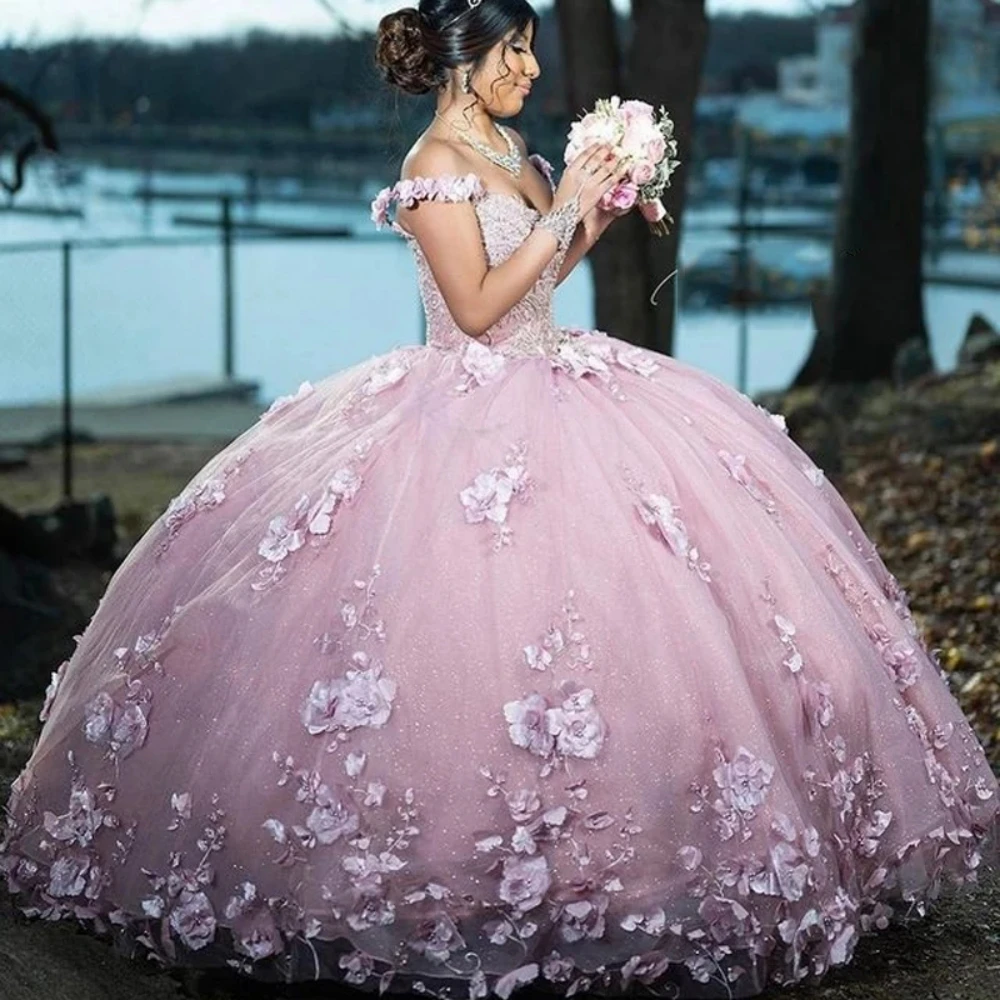 Vestido de fiesta de quinceañra con hombros descubiertos, vestido de princesa con flores en 3D, cuentas de lentejuelas brillantes, rosa, dulce 16