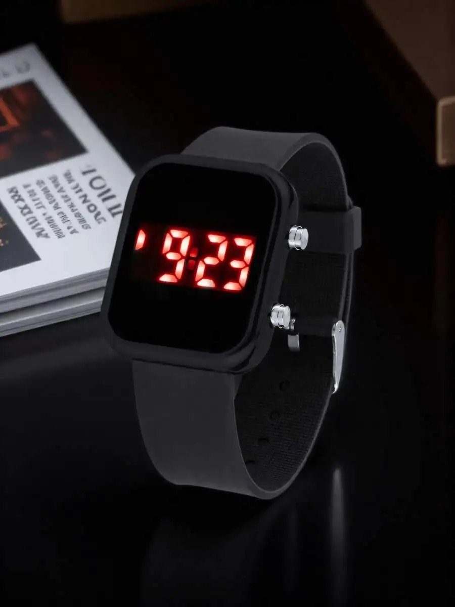 Fashionable Women's Round LED Electronic Watch, Black Silicone Strap, Suitable For Students, LED Display, Rose Gold Dial, Cute