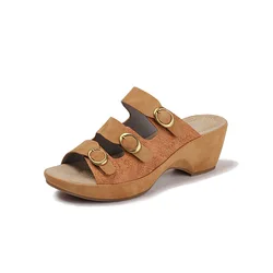 Shoes Woman 2025 Slippers Heels Rivet Female Mule Med Cover Toe Square heel High Mules Soft Block Casual Slides Rubber PU Leisu