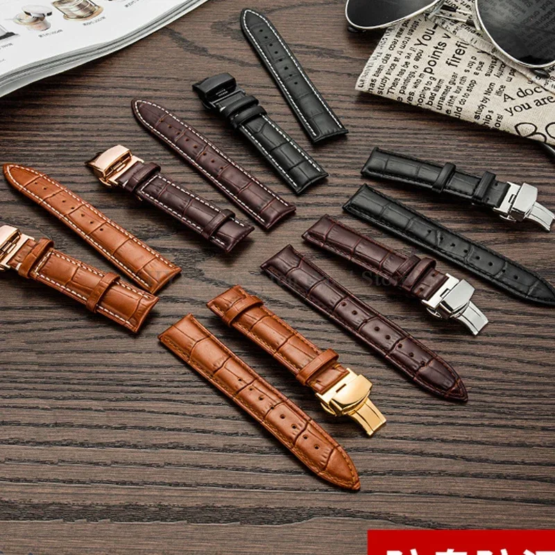 Genuine Cowhide Leather Watch Band 14mm 16mm 18mm 19mm 20mm 22mm 24mm Wrist Band Metal Folding Clasp Replacement Bamboo Bracelet