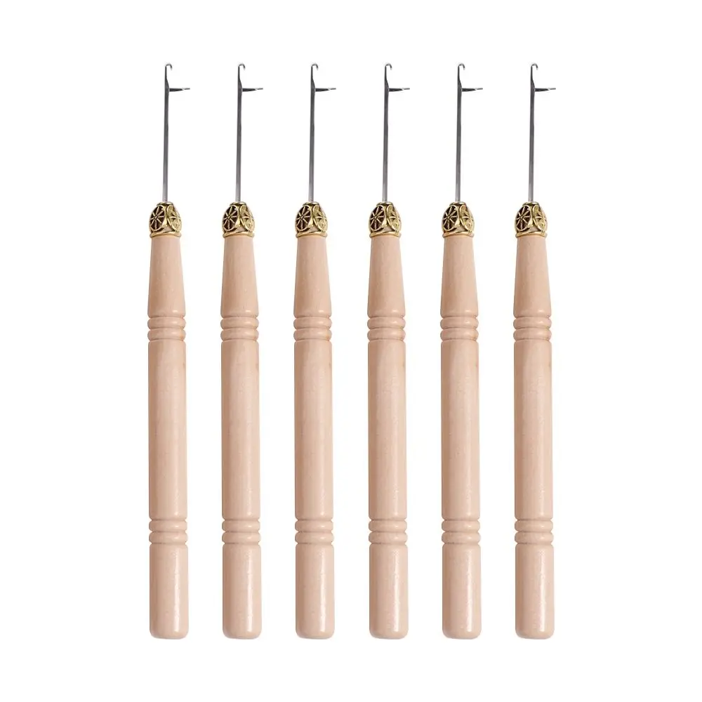 3pcs/set Wooden Handle Crochet Hook Knitting Hair Weaving Hook Needles Metal Hair Extensions Micro Hook for Making Wigs