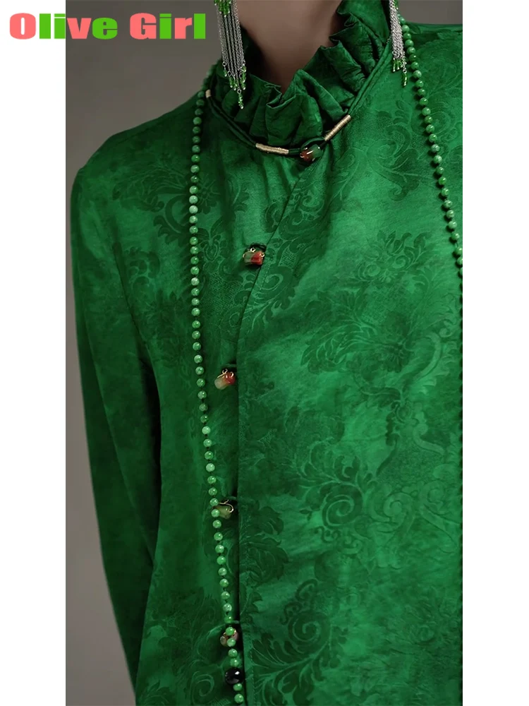 2025 グリーンシャツトップ ジャカード生地 エレガント 高級 花びら袖 中国伝統衣装 レディースブラウスシャツ 女性用