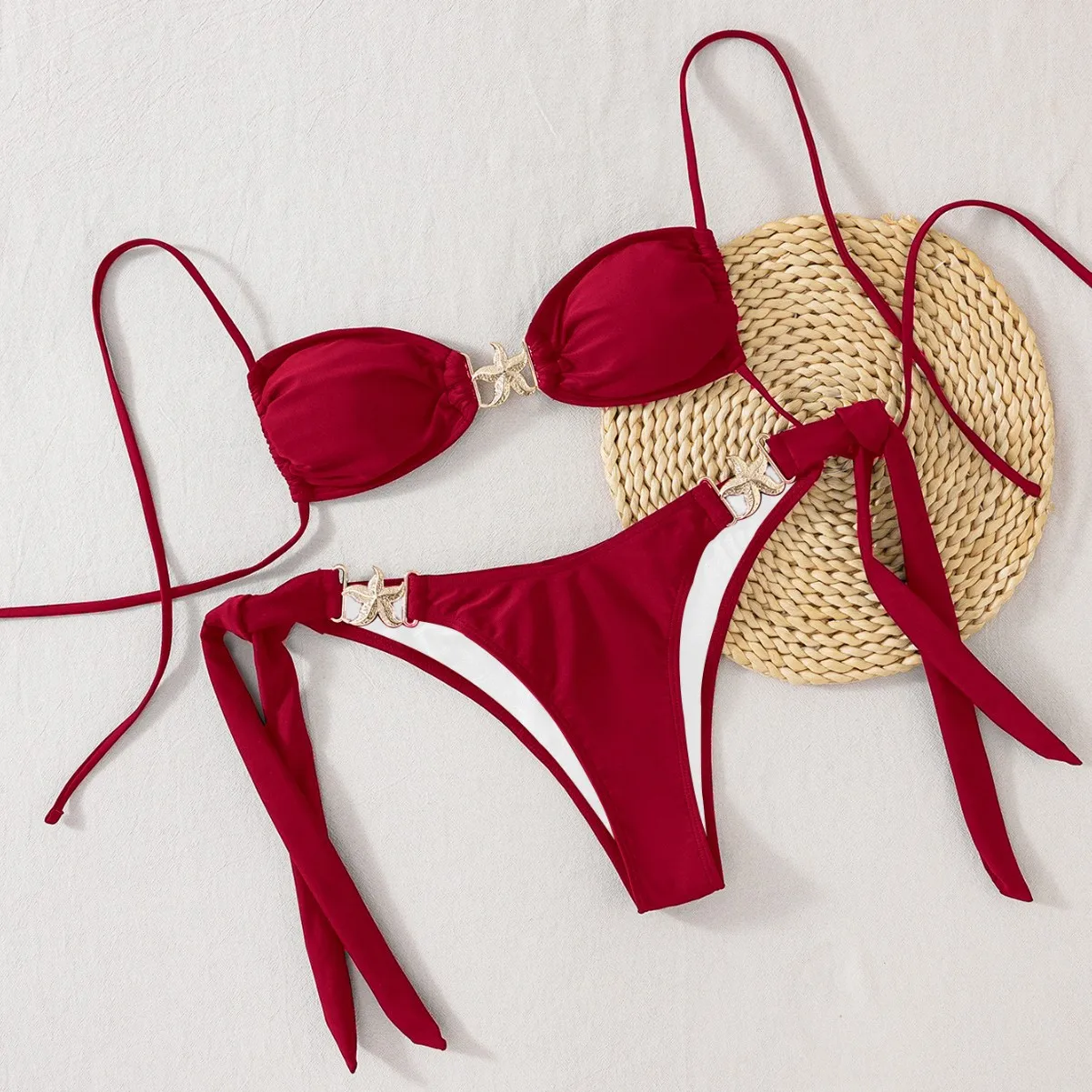 مجموعة بيكيني نسائية مثيرة لعام 2025 - ربطة عنق جانبية قابلة للتعديل، قمة مثلثة وجزء سفلي منخفض الارتفاع مع رباط معدني على شكل نجم البحر للصيف