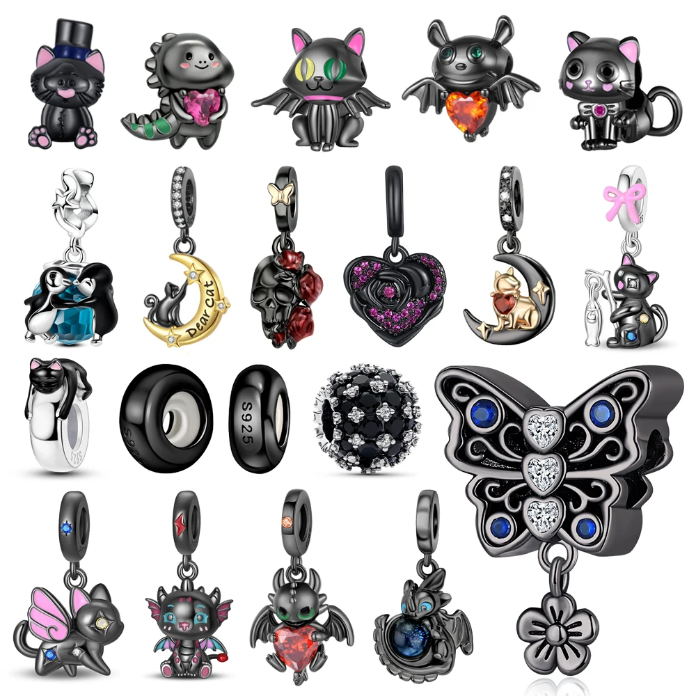 حار بيع 925 فضة الفراشة الخرز والقطط الطائرة استرخى سحر صالح سوار بوتيك قلادة قلادة سوداء هدية #1
