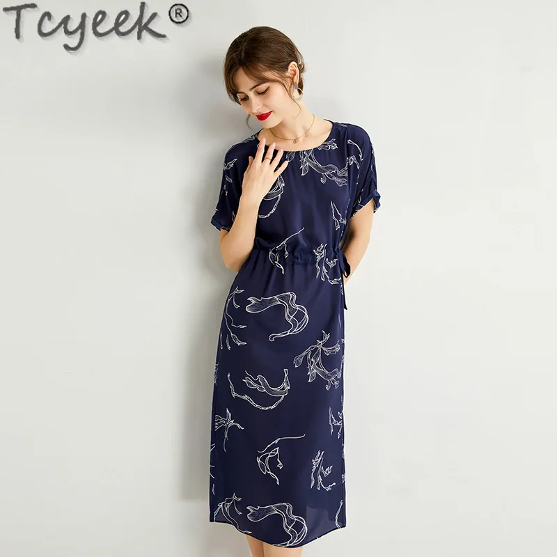 

Tcyeek 100% Real Silk Dress 2024 Summer Long Dresses for Women High-end Mulberry Silk Dresses Elegant Woman Clothing Loose Belt