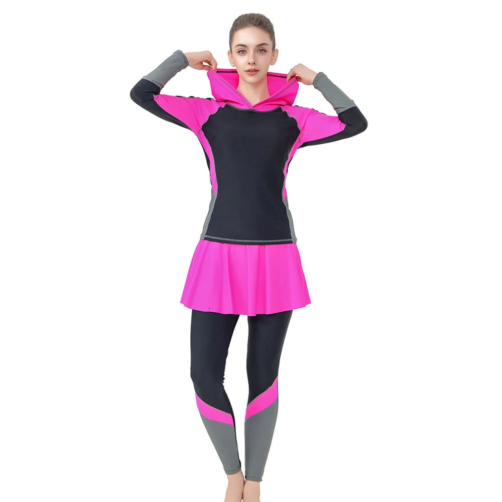 

Conservative Swimwear Women Two Piece Long Sleeve Swimsuit With Hat Sun Protection Modest Swimming Suit Beachwear