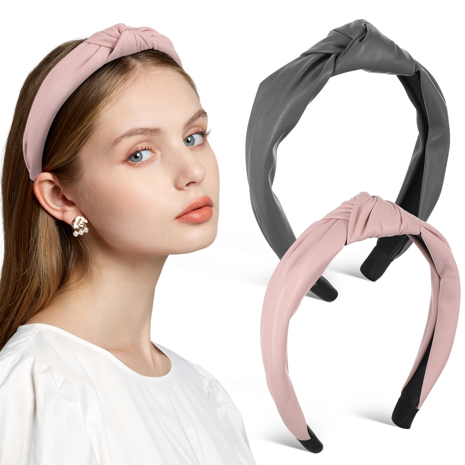

2 Pcs PU Knot Headb s for Girls Stylish Boho Hair Accessories Wide Comfortable Non Slip Top Knotted Fashion Halloween