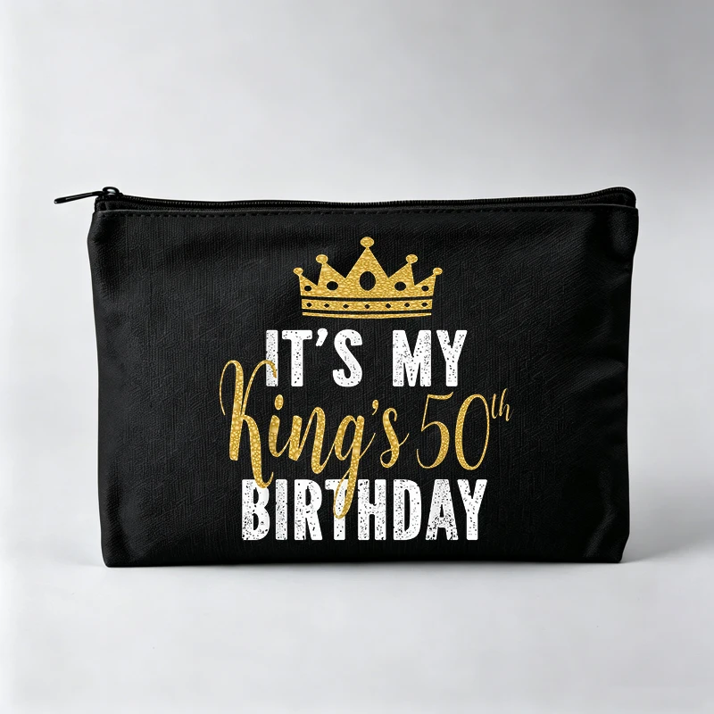 Crown and Typography Print Makeup Bag, Fashion Cosmetic Pouch for Birthday Celebration