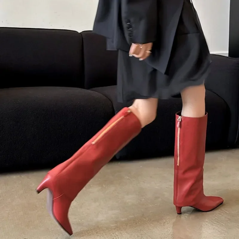 Genuine Leather Women Boots Red Black Sheepskin Back Zipper Knee High 5.5cm Heel Size 34-41