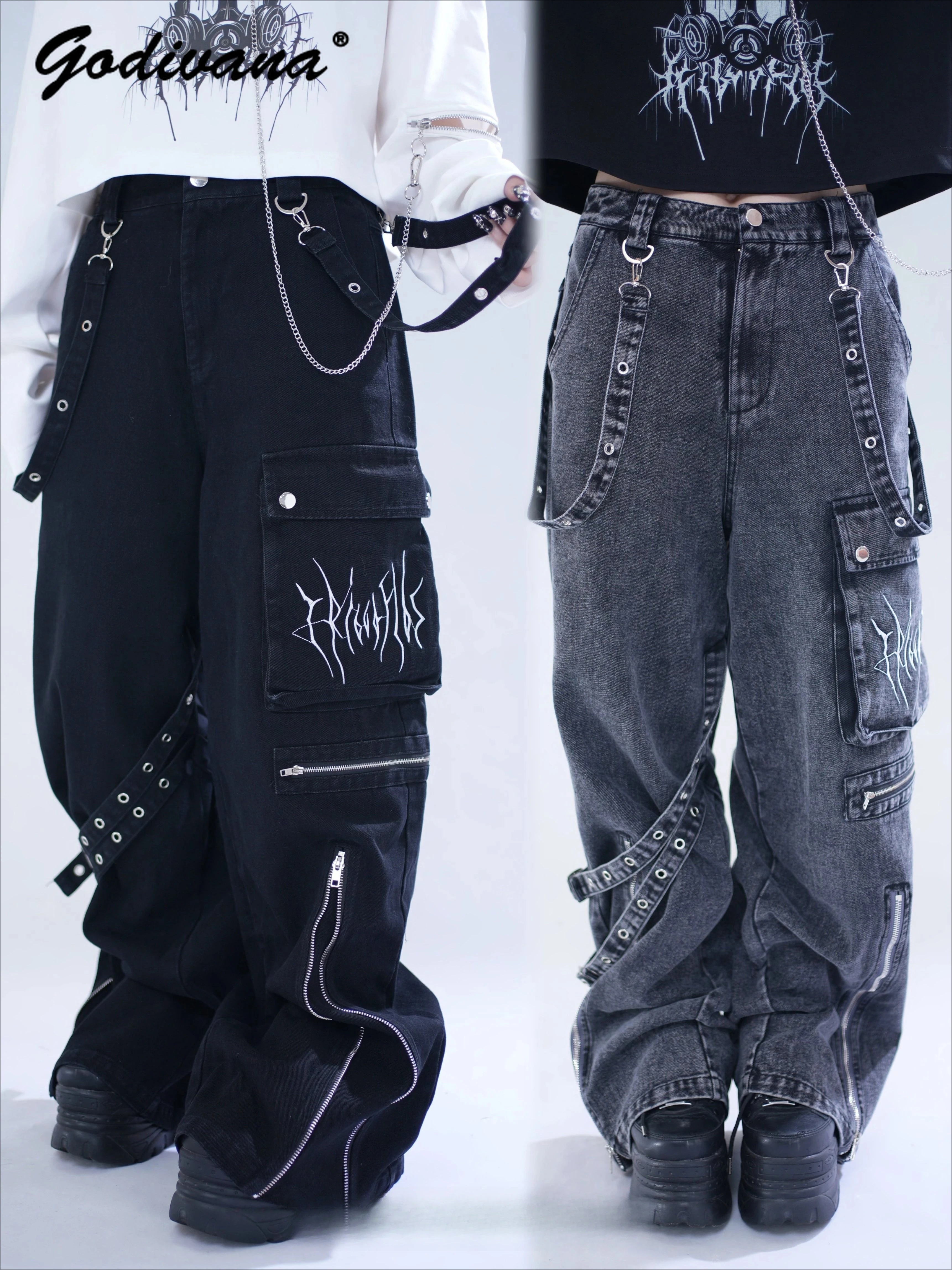 Original Japanese Style Streetwear Washed Denim Jeans with Embroidered Dark Gothic Sweet Cool Jeans Denim Trousers