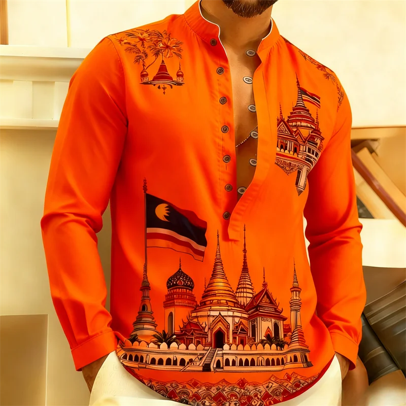 マレーシア国旗＆伝統寺院プリント バジュ・マレーユ メンズ長袖シャツ エスニックカジュアルブラウストップ 文化祭用
