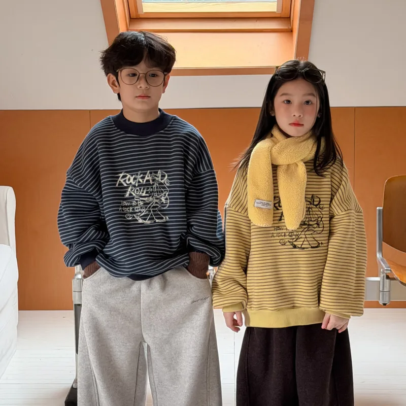 

2026 Winter Spring Children Boy Girl Sweatshirt Classic Thick Warm Stripe Cartoon Print Sweater 3-12 Years Toddler Jumper Outfit