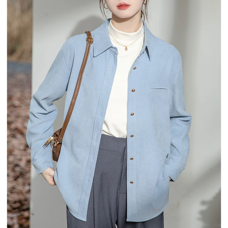 Thickened Shirt Women's Autumn Long-sleeved Turn-down Collar Solid Color Female Tops Korean Casual Daily Office Lady Shirt Coat