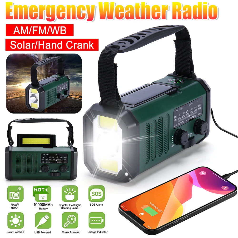 

Светодиодный аварийный повербанк 10000 мАч с солнечной зарядкой, радио, фонариком, лампой для чтения, зарядным устройством Type-C и компасом