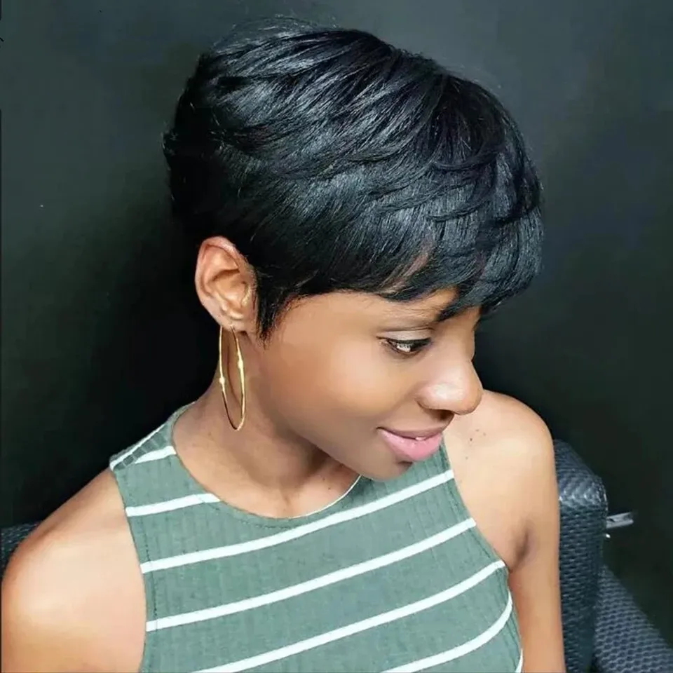 짧은 픽시컷 가발 인모 레이어드 전체 기계식 가발 1B 색상