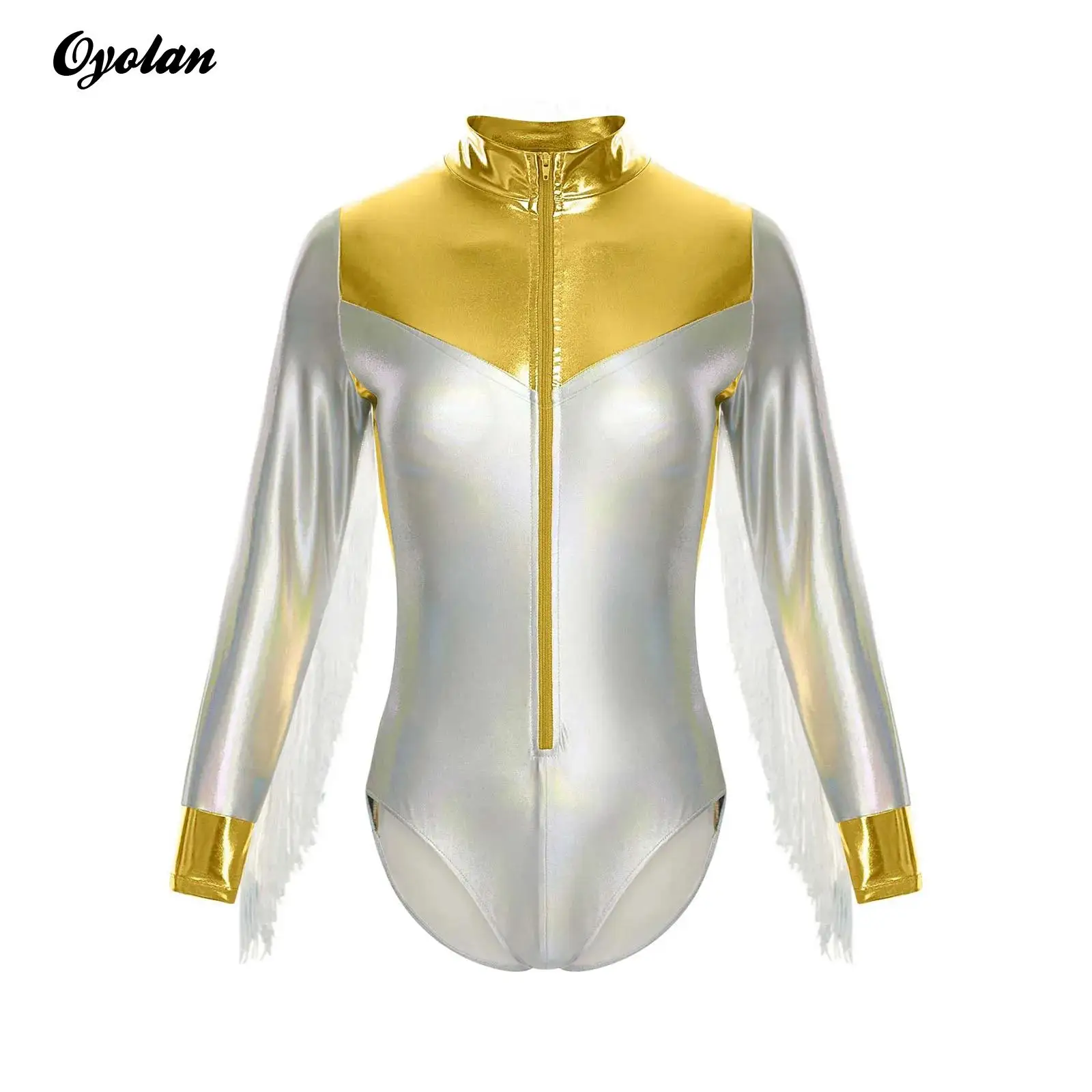 

Womens Adult Shiny Metallic Alien Space Astronaut Bodysuit Roleplay Alien Robot Front Zip Tassel Bodycon Leotard Cosplay Costume